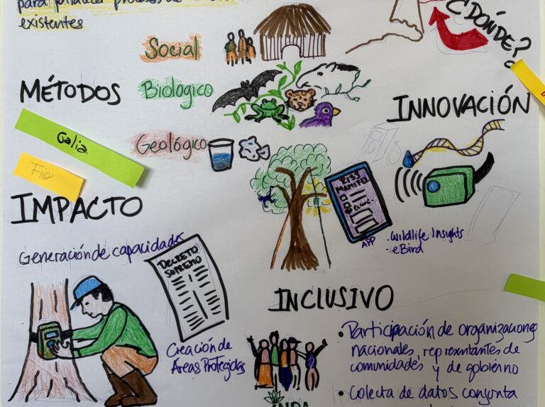 A flipchart prepared by a participant depicting words methods, innovation, impact, inclusion